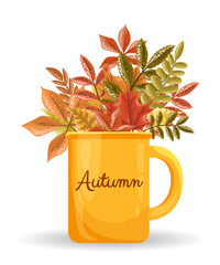 Yellow cup with autumn leaves. Autumn illustration, print, postcard