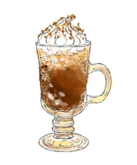 Irish coffee, a glass of cappuccino. Hand drawing, sketch on a white background
