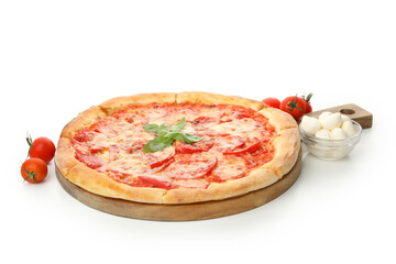 Tasty pizza and ingredients isolated on white background