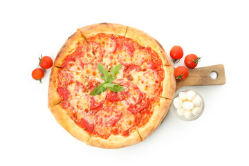 Tasty pizza and ingredients isolated on white background