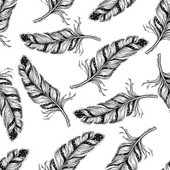 Obraz premium Seamless feather pattern on white background. Hand drawing, sketch