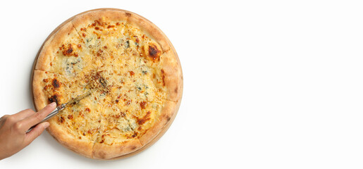 Female hand cut cheese pizza on white background