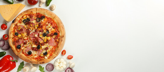 Tasty pizza with meat and ingredients on white background
