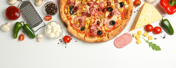 Tasty pizza and ingredients on white background, space for text