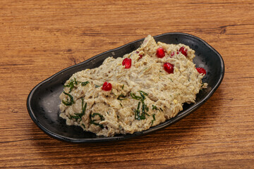 Vagan dietary cusine - mutabal with granet seeds