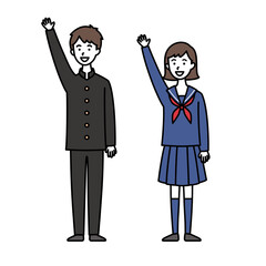 手をあげている男女中高生　学ラン＆セーラー服