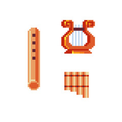 Harp, pipe and flute, ancient musical instrument pixel art icon antique isolated vector illustration. Design logo, mobile app, sticker, embroidery. Game assets 8-bit sprite. 