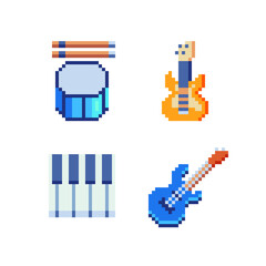 Guitar, piano and drum musical instrument pixel art icons set. Isolated vector illustration. 8-bit sprite. Design stickers, logo, mobile app.