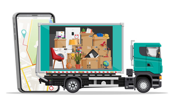 Delivery truck with household items, smartphone with map. Moving to new house. Family relocated to new home. Boxes with goods. Package transportation. Internet courier order. Flat vector illustration