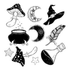 The hat of a witch, magic wands, candles, stars and a bottle.A collection of magical attributes. Hand drawing, illustration, print