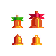 Xmas bells icons set. Christmas golden bell logo. Greeting card design. Pixel art style. Holiday celebration symbol, merry Christmas object. Happy new year sign. Isolated vector illustration.