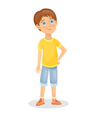 Little cute boy in a yellow T-shirt and shorts. Cartoon style, children's illustration