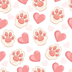 Cute white cat's paw with pink hearts on a white background. Seamless pattern, cartoon style