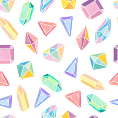 Multicolored crystals in the cartoon style. Hand drawing, seamless pattern