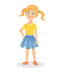 Cute funny little girl. Cartoon style, on white background