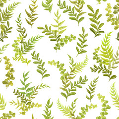 Decorative green floral ornament on a white background. Forest grass, plants, vintage style. Seamless Pattern