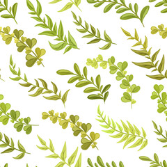 Decorative green floral ornament on a white background. Forest grass, plants, vintage style. Seamless Pattern