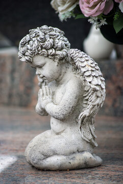 Closeup of stoned angel praying on tomb in a cemetery