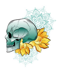 Colorful human skull with yellow flowers and ornament. Hand drawing, tattoo sketch, print