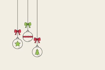 Christmas balls hanging on white background with copyspace. Decoration. Vector