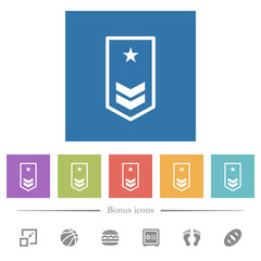 Military insignia with two chevrons and one star flat white icons in square backgrounds