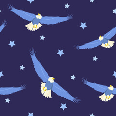 Seamless vector illustration with eagles soaring in the night sky and stars.