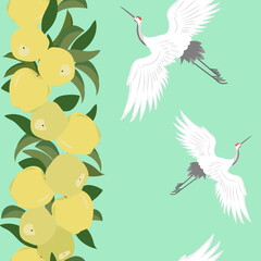 Seamless pattern with cranes and branch with apples