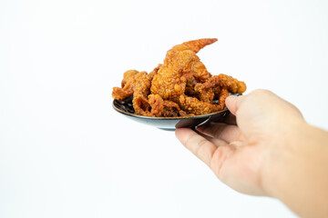 Skin chicken crispy fire photo on the white background