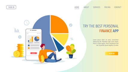 Diagram, phone, coins and sitting man. Profit, making money, finance app, business, investment analysis concept. Vector illustration for banner, poster, website.