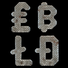 Fototapeta premium Set of symbols lira, bitcoin, litecoin and dashcoin made of industrial metal on black background 3d