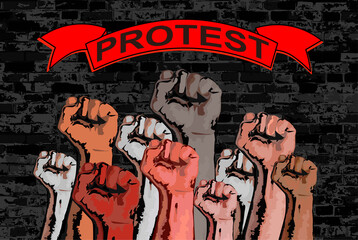 Obraz premium The raised fist is a symbol of the struggle for equality. Problem of racism. Black Lives Matter. Sign PROTEST on a red ribbon.