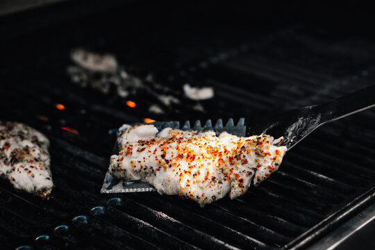 Food: Chili, cilantro, garlic and lime marinated Sea bream filet on the grill