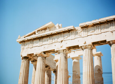 Corner portion of the Parthenon at the Acropolis in Athens Greece