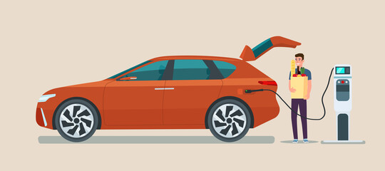 Naklejka premium Man carry grocery bags in modern electric CUV car. Electric car is charging. Vector flat illustration.