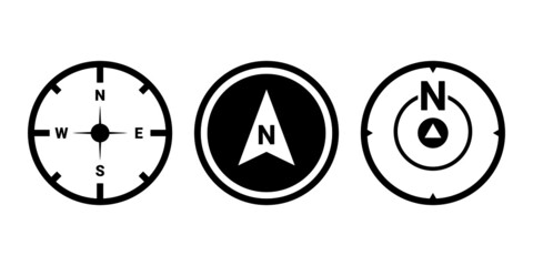 Black north sign vector set. Map and compass direction.
