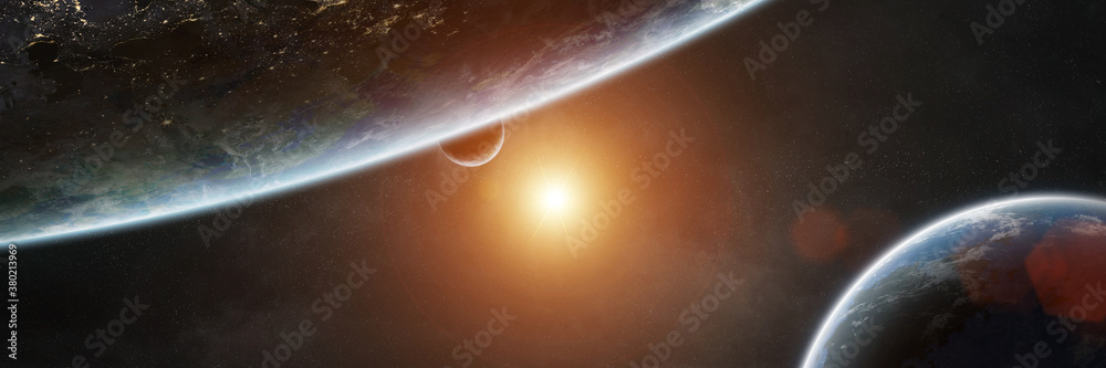 Poster Panoramic space planets background. Panorama of distant solar system with exoplanets 3D rendering elements of this image furnished by NASA