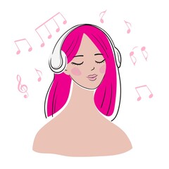Beautiful young woman in headphones listening to favorite music and smiling. Flat illustration. Cartoon characters isolated on white background.