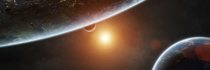 Panoramic space planets background. Panorama of distant solar system with exoplanets 3D rendering elements of this image furnished by NASA © sdecoret