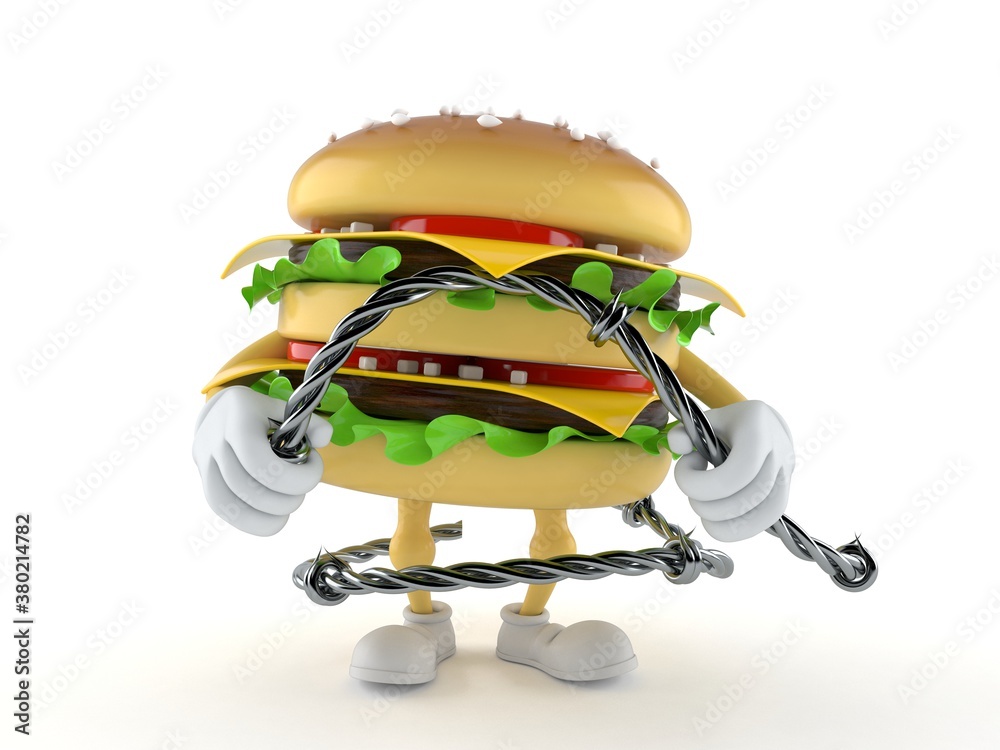 Poster hamburger character holding barbed wire