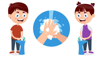 Fototapeta na wymiar little kids washing hands with liquid soap to prevent against viruses, cartoon vector illustration
