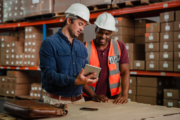 two male workers discussing shipping process to customers holding digital tablet standing in...