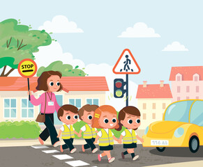 Teacher and school kids cross the street. Children, pupils babysitter, nurse, cross the street by crosswalk. Traffic lights.