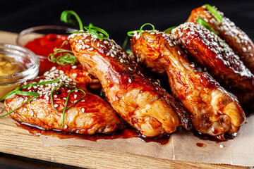 American cuisine. Fried chicken wings with tomato sauce and sesame seeds. Serving food in a restaurant on a wooden board.