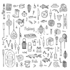 Big set with cute hand drawn fishing icons. Vector catching fish equipment elements. Doodle illustration