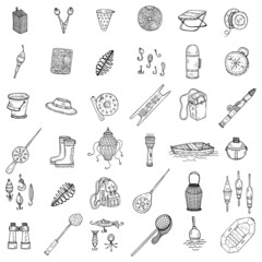 Set with cute hand drawn fishing icons. Vector catching fish equipment elements. Doodle illustration
