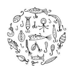 Circle composition with cute hand drawn fishing icons. Vector catching fish equipment elements. Doodle illustration