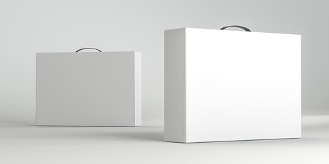 Set White Carton Box With Handle Mockup isolated, 3d render. Package for monitor, display, laptop, notebook, computer, tablet, Video game console and etc