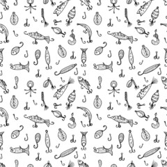 Seamless pattern with cute hand drawn fishing icons. Vector catching fish equipment elements. Doodle illustration