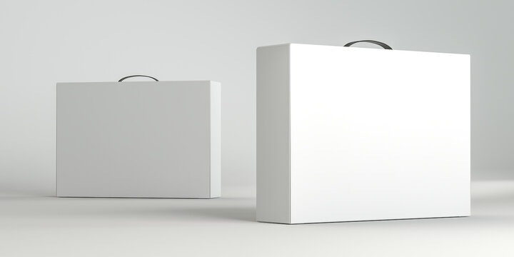 Set White Carton Box With Handle Mockup Isolated, 3d Render. Package For Monitor, Display, Laptop, Notebook, Computer, Tablet, Video Game Console And Etc