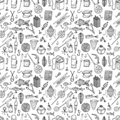 Seamless pattern with cute hand drawn fishing icons. Vector catching fish equipment elements. Doodle illustration